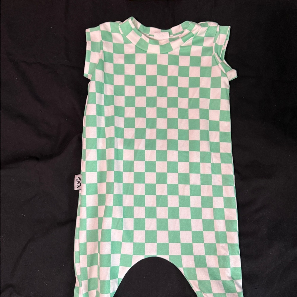 EUC Dudis Design checkerboard romper with headband